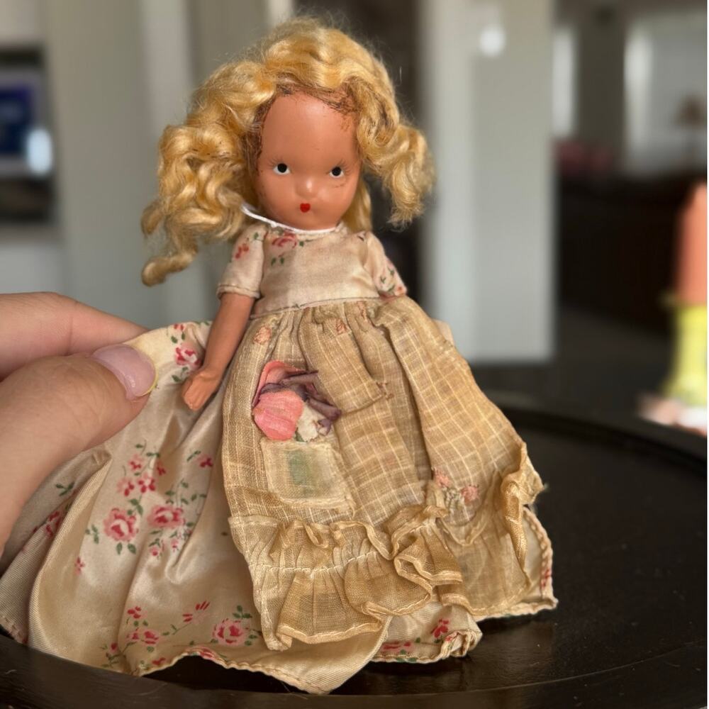 Vintage Bisque or Porcelain Doll with Floral Dress – 1940s